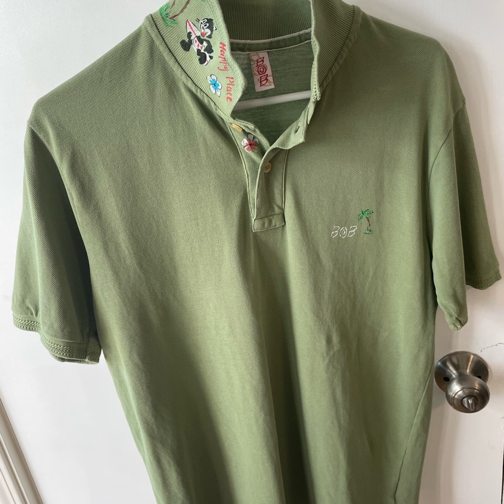 BOB Polo Shirt Mens US Size L Green Slim Fit Painted Graphic Italy